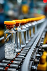 Poster - Close-up view of vials on a pharmaceutical production conveyor line