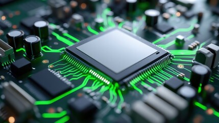 Poster - This visual displays an intricate circuit board with a focus on a central microchip. The vibrant green pathways highlight the complex electronic connections, showcasing modern technology