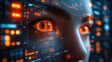 Poster - A person gazes intently with glowing orange eyes amidst an intricate digital interface filled with glowing patterns and data streams, suggesting advanced technology in a futuristic setting