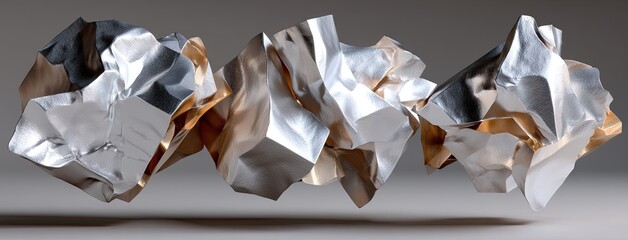Poster - A large piece of silver metal foil appears in an abstract rock form, gently suspended, illuminated by soft natural light above