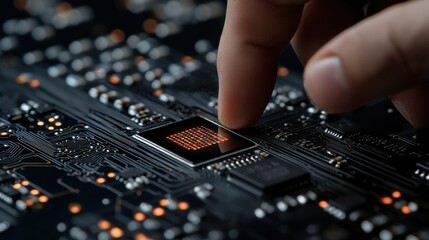 Poster - A hand is touching a computer chip