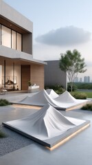 Poster - Modern abstract sculpture of white fabric stands illuminated on terrace with luxurious architecture, creating a stunning artistic effect