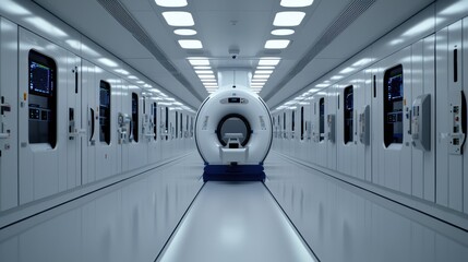 Poster - A large white room with a large MRI machine in the middle