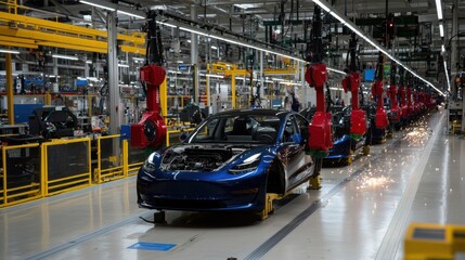 Poster - A blue car is being built in a factory