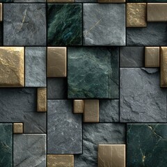 Poster - Top-down view of vibrant square tiles, showcasing textured surfaces in diverse colors with metallic gold and gray accents SEAMLESS PATTERN