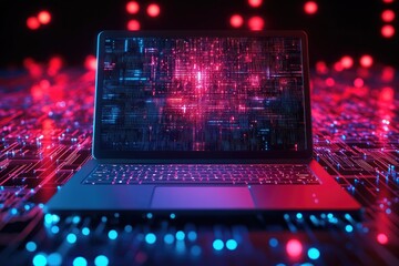 Fototapete - Laptop computer with glowing circuit board pattern on screen and keyboard.  Bokeh lights in red and blue