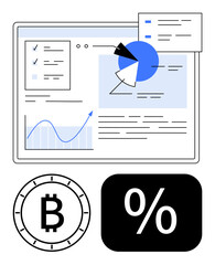 Poster - tablet screen featuring graphs, pie chart, and checklist for financial data analysis. bitcoin logo a
