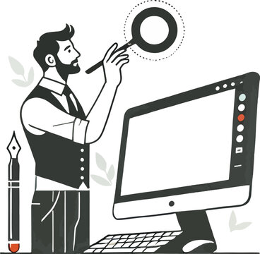 A creative professional analyzing and working on a design project with computer and magnifying glass