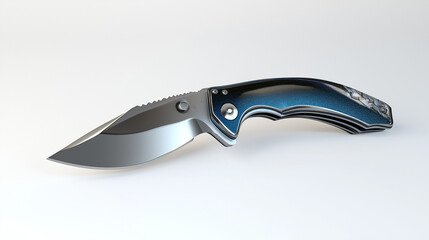 A sharp blue kitchen knife placed on a white background, highlighting its sleek blade and ergonomic handle.