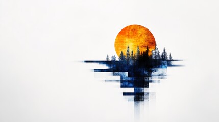 Aufkleber - Silhouette of pine trees is visible against an orange sun with a unique geometric pattern below on a white background.