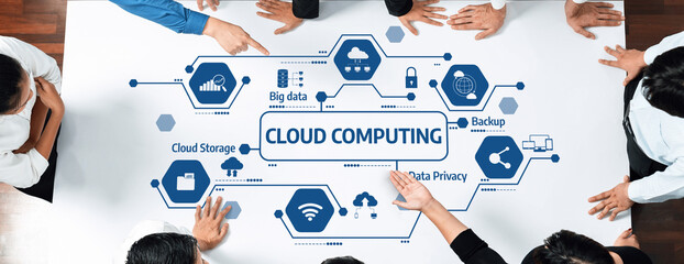 Fototapete - A group of professionals engaging in a collaborative discussion about cloud computing, exploring key concepts like data privacy, big data, backup solutions, and cloud storage strategies. Amity