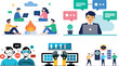 © ELIAS - illustrated collage in modern flat design style showing various technology concepts: a group of people working remotely around a campfire with laptops, a professional chatting on a laptop with floatin