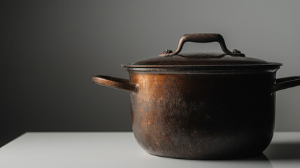 A large cupper stock pot on a gray background, featuring sturdy handles and a matching lid, ideal for cooking soups and stews