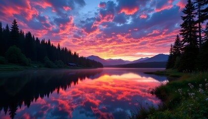 Wall Mural - Breathtaking Sunset Reflection Over Calm Lake Surrounded by Trees