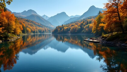 Wall Mural - Tranquil Lake Reflecting Vibrant Autumn Colors Under Clear Sky