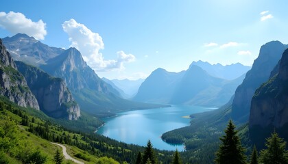 Wall Mural - Stunning Mountain Peaks with Serene Lake Under Clear Blue Sky