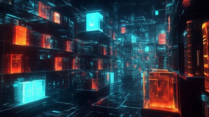 Fototapete - Vibrant Digital Cosmos Filled With Glowing Blue and Orange Cubes Illuminating a Futuristic Space and Creating an Otherworldly Atmosphere of Technology and Innovation