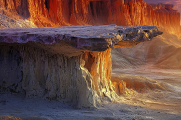 Aufkleber - A majestic rock formation, resembling a table, stands against a backdrop of vibrant, sunlit canyon walls.
