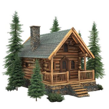 Rustic log cabin with stone chimney and trees isolated on white background