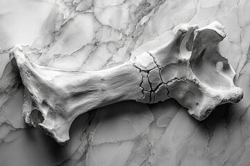 Poster - A weathered, cracked bone rests on a marble surface, showcasing texture and age.