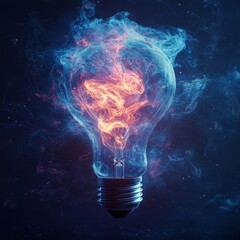 Poster - Illuminating Thoughts Emerge From a Glowing Light Bulb Surrounded by Swirling Flames and Vibrant Smoke in a Cosmic Atmosphere