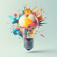Poster - Bright Idea Bursting With Color, Showcasing Creativity and Innovation Through a Lively Explosion of Paint Surrounding a Glowing Light Bulb