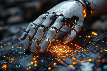 Aufkleber - Captivating Fusion of Technology and Creativity With a Robotic Hand Gently Interacting With a Glowing Circuit Board in a Futuristic Environment