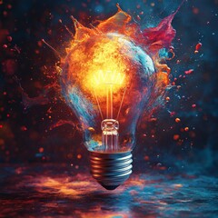 Aufkleber - Exploring the Vibrant Fusion of Light and Color Through a Glowing Light Bulb Surrounded by Dynamic Splashes of Paint and Intense Energy
