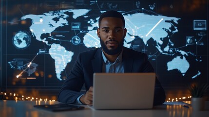 Aufkleber - Professionally Engaged Individual Working on a Laptop With a World Map Background Showcasing Technology and Global Connectivity in a Modern Workspace