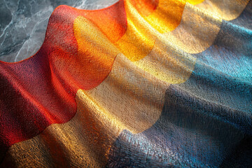 Poster - Multicolored textured fabric draped in waves, showcasing rich red, gold, and blue hues.