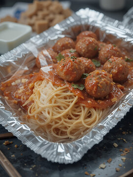 packet of space food designed for long missions, showing rehydratable spaghetti and meatballs, sealed and ready for consumption