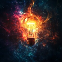 Poster - Radiant Explosion of Color and Light Emanating From a Glowing Incandescent Bulb Amidst a Cosmic Backdrop of Swirling Hues