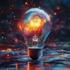 Poster - Creative Energy Explodes From a Glowing Light Bulb Surrounded by Vibrant Sparks in a Mystical Atmosphere