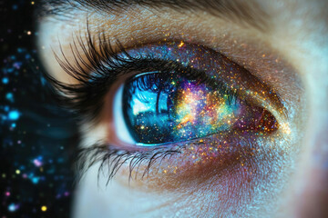 Poster - A close-up of an eye reflecting a vibrant, sparkling galaxy, symbolizing the vastness of the cosmos within.