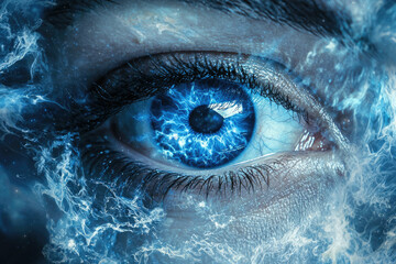 Aufkleber - Close-up of a human eye with vibrant blue energy flowing through it, creating a mystical and powerful effect.