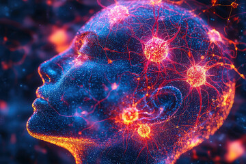 Poster - Abstract artwork depicting a human head formed by glowing particles and interconnected neurons, symbolizing the complexity of the brain and nervous system.