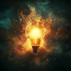 Poster - Bright Flame Igniting Creative Thoughts in a Cosmic Atmosphere Filled With Vibrant Colors and Dynamic Energy Swirling Around a Glowing Light Bulb