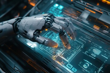Aufkleber - Futuristic Robotic Hand Interacting With a Glowing Digital Interface in a High-Tech Environment During a Sci-Fi Moment