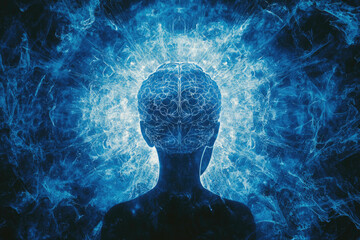 Poster - A stylized image depicting a human brain radiating energy, symbolizing consciousness and mental power.