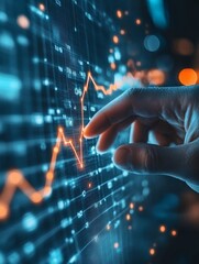 Poster - Exploring Digital Trends Through Touch on a Glowing Stock Market Interface in a Modern Finance Hub During the Evening