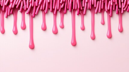 Poster - Pink paint dripping down a wall with pink sprinkles. Concept of fun and playfulness, as the pink paint and sprinkles create a whimsical and colorful scene
