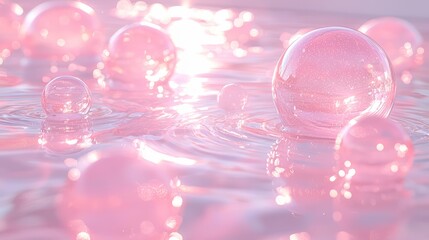 Aufkleber - Pink water surface with many small pink spheres floating on it. The spheres are reflecting the light and creating a shimmering effect. Concept of tranquility and beauty, as the water