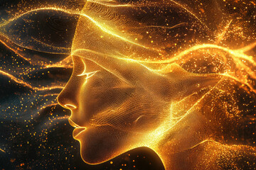 Poster - A golden, ethereal female face emerges from a shimmering, particle-filled wave.