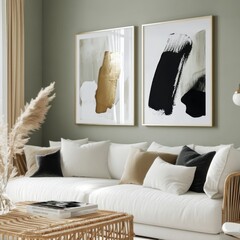 Poster - Stylish Living Room Adorned With Modern Art Featuring Abstract Designs and a Cozy Minimalist Aesthetic During Daytime
