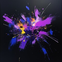 Poster - Vivid Explosion of Colors in Abstract Art Showcasing Vibrant Purple, Yellow, and Blue Hues Against a Dark Backdrop