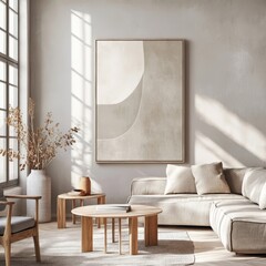 Poster - Modern Minimalism in a Sunlit Living Room Featuring Neutral Tones and Natural Textures, Creating a Serene Atmosphere for Relaxation and Inspiration