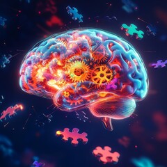 Poster - Exploring the Wonders of the Human Mind With Vibrant Gears and Puzzle Pieces Coming to Life in a Stunning Digital Display of Creativity and Intelligence