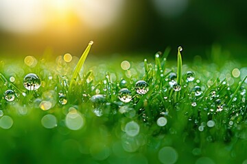 Wall Mural - Dewy grass blades glisten in sunlight, soft focus