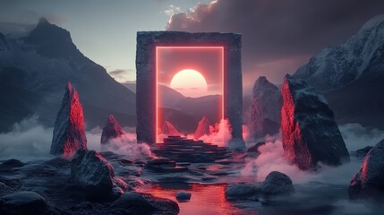 Aufkleber - Red and orange glowing doorway is in the middle of a rocky mountain landscape. The sky is cloudy and the sun is setting, creating a moody atmosphere