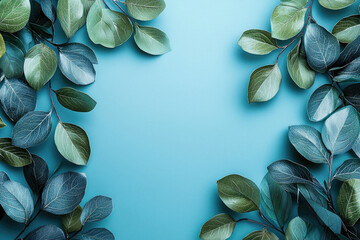 Poster - Vibrant green leaves frame a tranquil blue background, creating a serene and natural aesthetic.